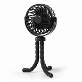 Black portable mini stroller fan with flexible octopus tripod on white background