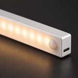 Close-up of the LED light bar warm LEDs, motion sensor and USB-C port