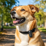 Pet collar camera shown worn on a pet collar