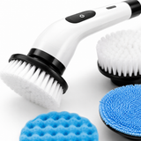 Close-up of the spin scrubber brush head, twist-lock connector and interchangeable pads