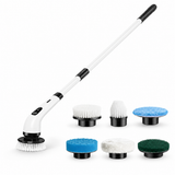 Cordless power spin scrubber with six interchangeable cleaning pad attachments on white