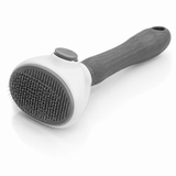 Self-cleaning pet slicker brush with white head, wire bristles and grey handle