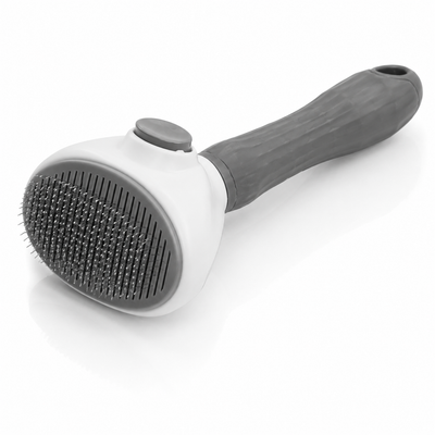 Self-cleaning pet slicker brush with white head, wire bristles and grey handle