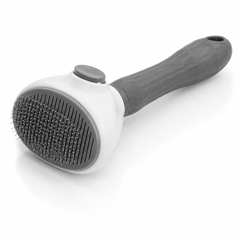 Self-cleaning pet slicker brush with white head, wire bristles and grey handle