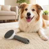 Self-cleaning slicker brush beside a relaxed fluffy dog on a cozy rug