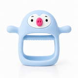 Silicone baby teether in blue, pig-face wrist-grip design on white background