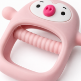 Close-up of soft silicone texture and easy-grip handle on the baby teether