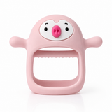 Silicone baby teether in pink, pig-face wrist-grip design on white background