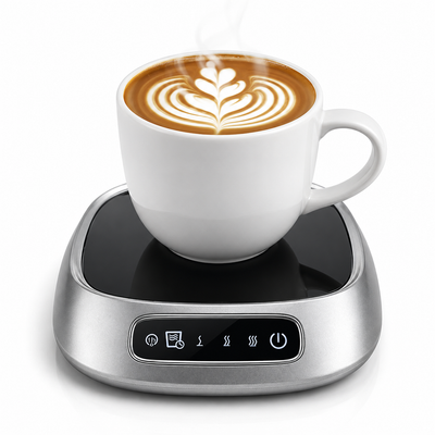 Silver smart mug warmer with a coffee mug and latte art on its black glass top