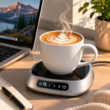 Smart mug warmer keeping a latte warm on a cozy home-office desk