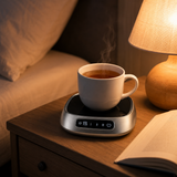 Smart mug warmer keeping a mug of tea warm on a cozy evening nightstand beside a lamp