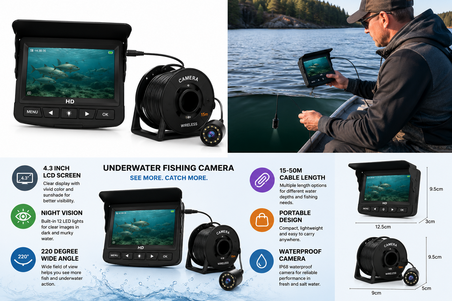 Underwater fishing camera with 4.3-inch colour LCD screen