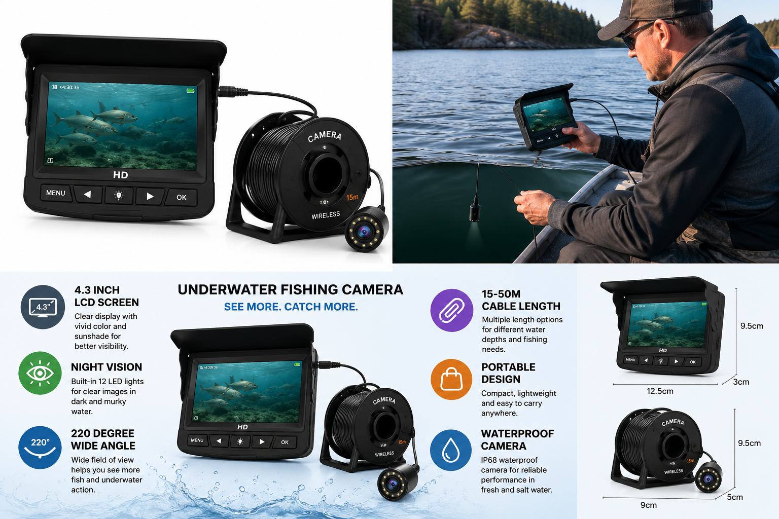 Underwater fishing camera features: night vision, 220-degree wide angle, waterproof cable