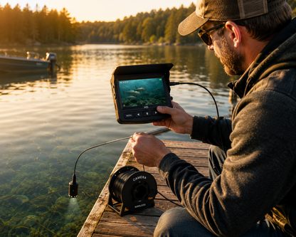 Angler using the underwater fishing camera from a boat