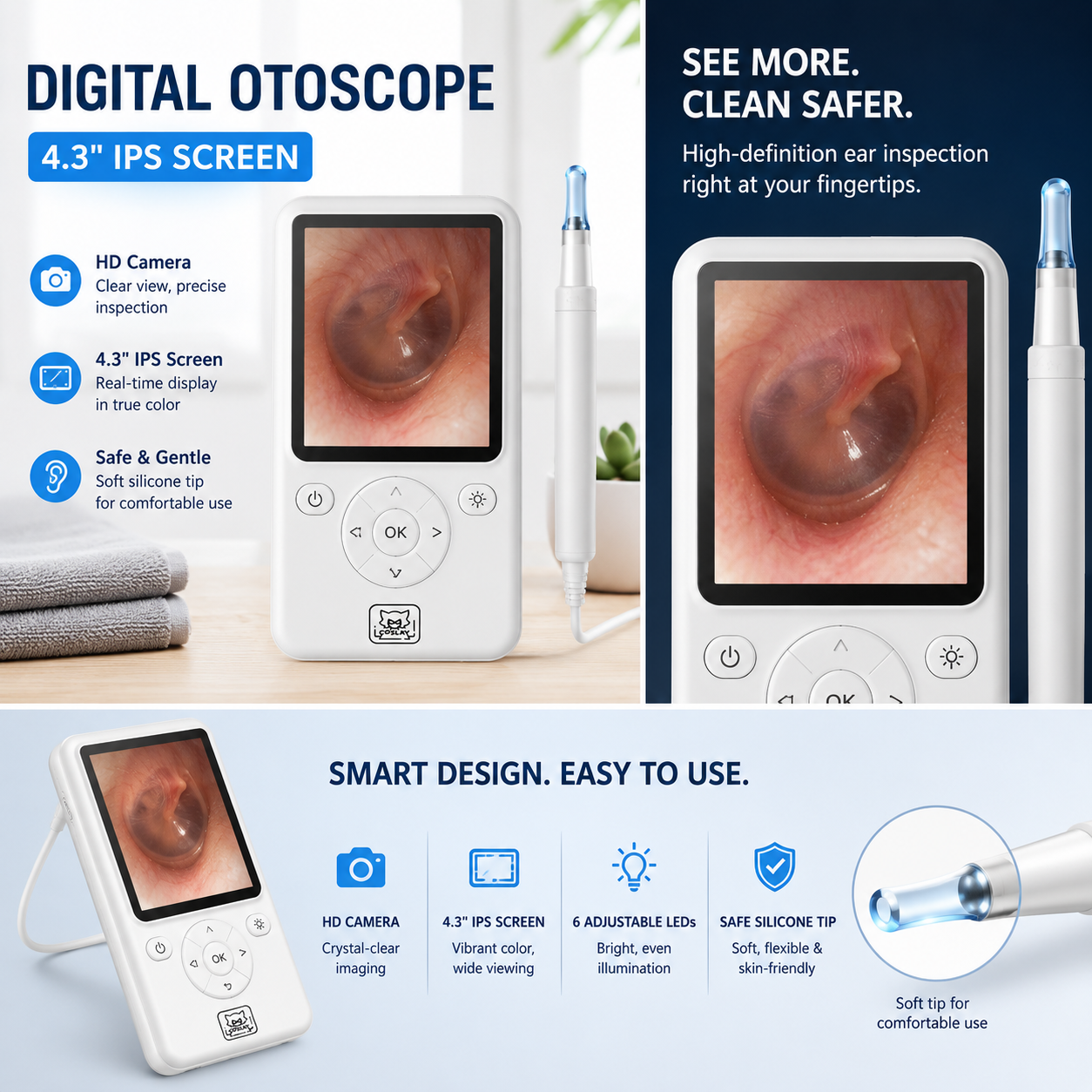 Digital Otoscope 4.3 IPS Screen - features infographic