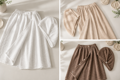 Microfiber spa wrap set - wearable waffle bath wrap and hair turban in white, khaki and brown